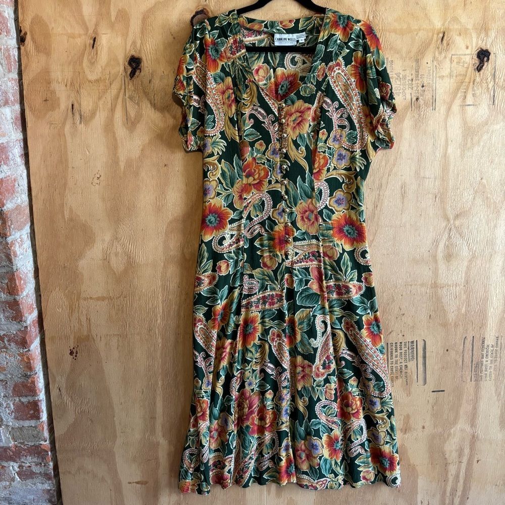 Vintage Caroline Wells 90s Button Down Floral Prairie Rayon Dress Sz 6